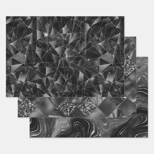 Feuille De Papier Cadeau Glamorous Black & Silver Sparkling Patterns (Lot)