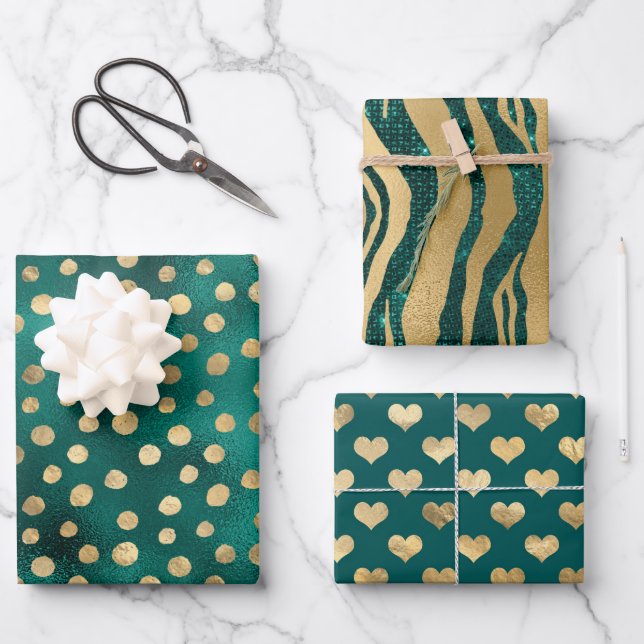 Feuille De Papier Cadeau Glamour de sarcelle et d'or (Recto)