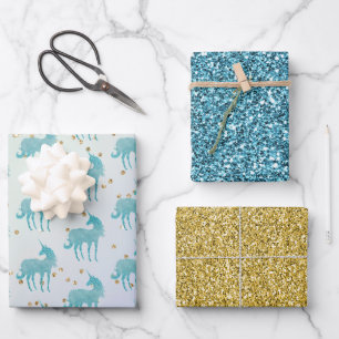 Feuille De Papier Cadeau Glitzy Purple Aqua Gold Sparkle Unicorne