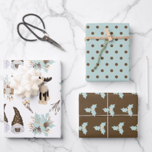 Feuille De Papier Cadeau Gnome Brown et Turquoise   Noël