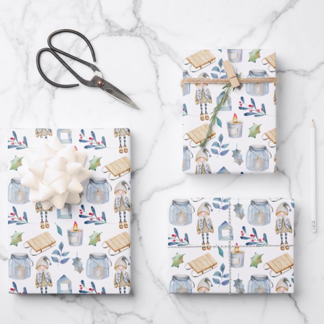 Feuille De Papier Cadeau Gnome de Noël scandinave (Recto)