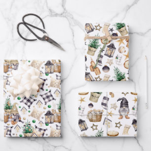 Feuille De Papier Cadeau Gnome Farmhouse noir et blanc Plaid