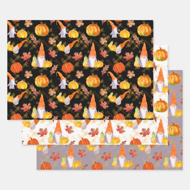Feuille De Papier Cadeau Gnomes Automnes Et Citrouilles (Lot)
