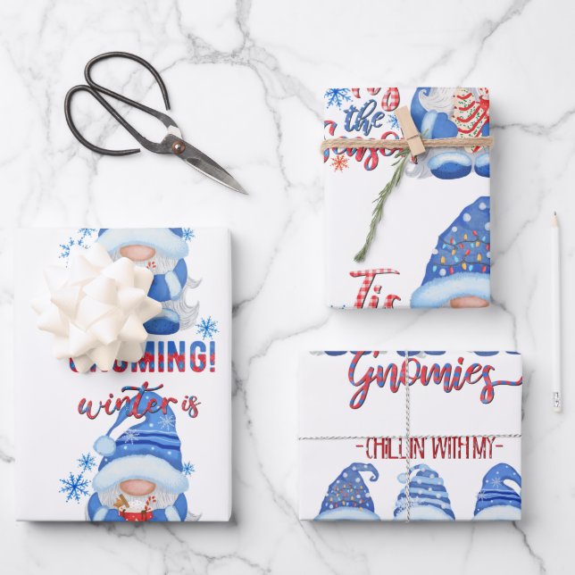 Feuille De Papier Cadeau Gnomes bleu, blanc et rouge d'hiver (Recto)
