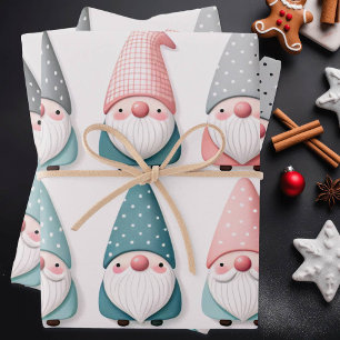 Feuille De Papier Cadeau Gnomes de Noël Pastel mignons, gris rose bleu