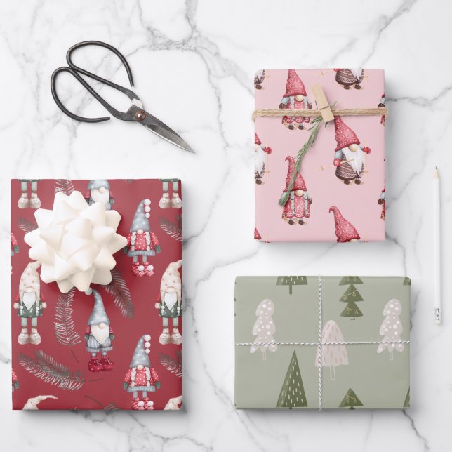Feuille De Papier Cadeau Gnomes de Noël roses et rouges (Recto)