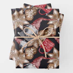 Feuille De Papier Cadeau Gnomes Noël Cookie Festive Motif d'aquarelle