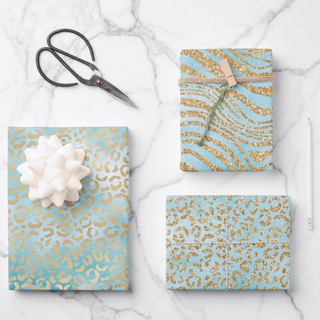 Feuille De Papier Cadeau Gold Aqua White Ombre Zebra Leopard (Recto)