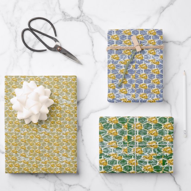Feuille De Papier Cadeau Gold Blue & Green Poinsettia (Recto)