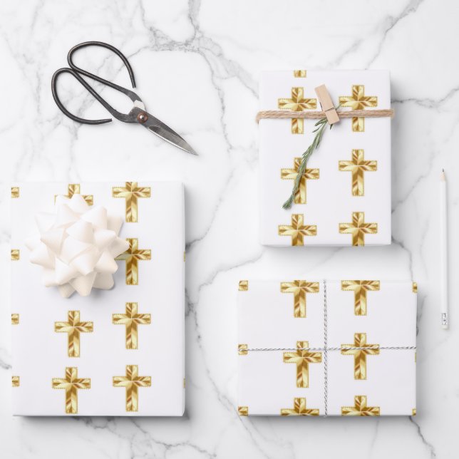 Feuille De Papier Cadeau Gold Christian cross motif blanc (Recto)