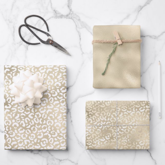 Feuille De Papier Cadeau Gold Glam Empreinte de léopard blanc (Recto)