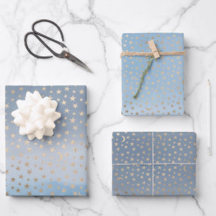 Feuille De Papier Cadeau Gold Stars Moons Blue Ombre