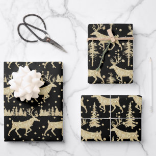 Feuille De Papier Cadeau Gold Woodland Stade Épinette Forêt Neige Noir