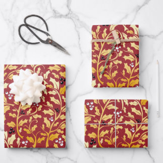 Feuille De Papier Cadeau Golden Christmas Holly motif sur rouge