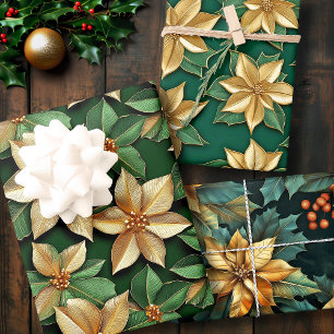 Feuille De Papier Cadeau Golden Poinsettia Flower sur Green Christmas