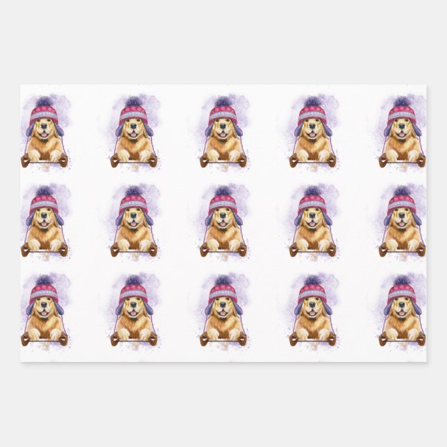 Feuille De Papier Cadeau Golden Retriever in the Toboggan (Devant 3)