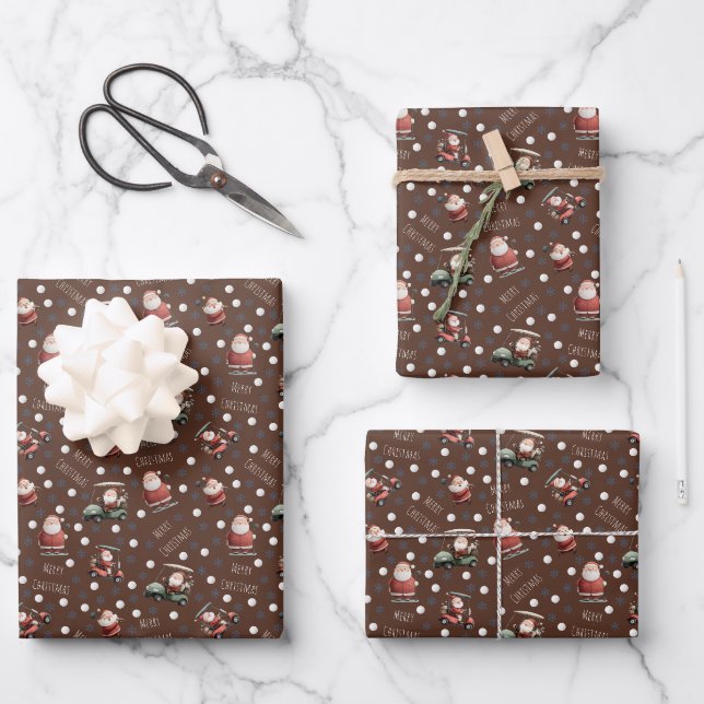 Feuille De Papier Cadeau Golf Père Noël sur Brown (Recto)