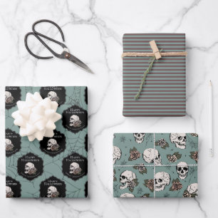 Feuille De Papier Cadeau Goth Green Skuls and Stripes Halloween