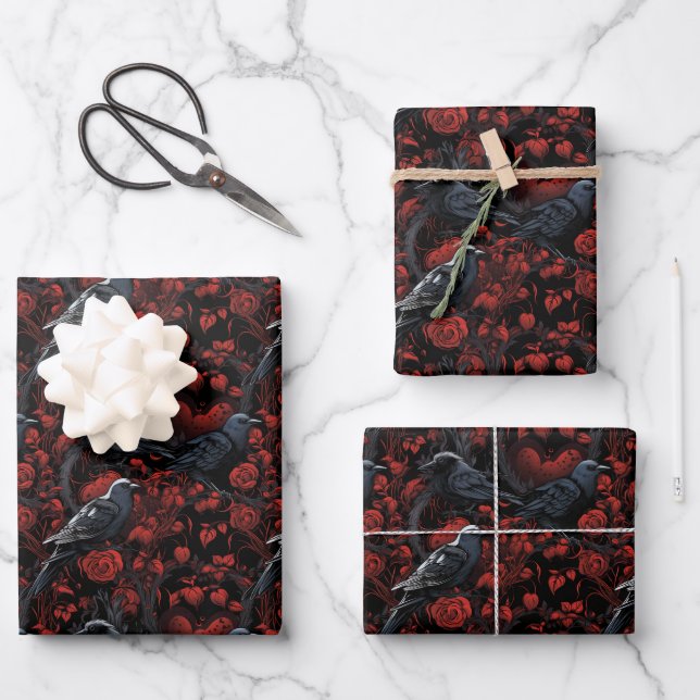 Feuille De Papier Cadeau Gothic Black Crows and Red Roses  (Recto)