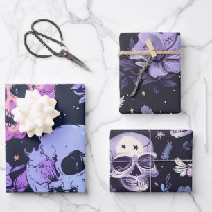 Feuille De Papier Cadeau Gothique Éffrayant Fleurs Crâne