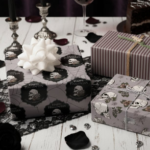 Feuille De Papier Cadeau Gothique Taupe Crânes gris et rayures Halloween