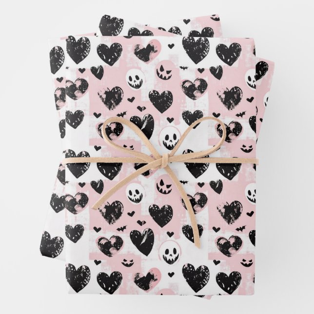 Feuille De Papier Cadeau Gothique Valentine Coeurs noir et rose (En situation)