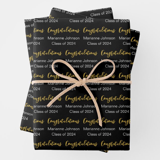 Feuille De Papier Cadeau Graduation Black White Gold Félicitations Nom (En situation)
