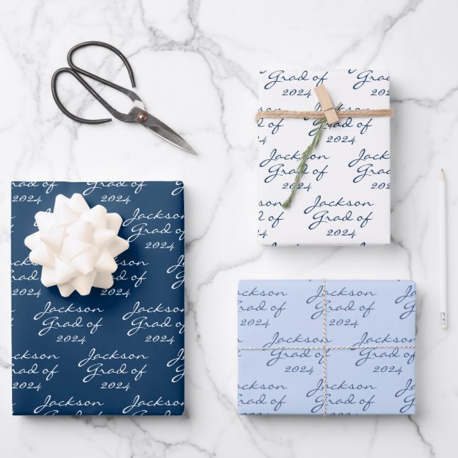 Feuille De Papier Cadeau Graduation Marine Bleu clair Grad personnalisé (Recto)