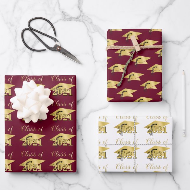 Feuille De Papier Cadeau Graduation Script Classe Année Bourgogne Gold Foil (Recto)