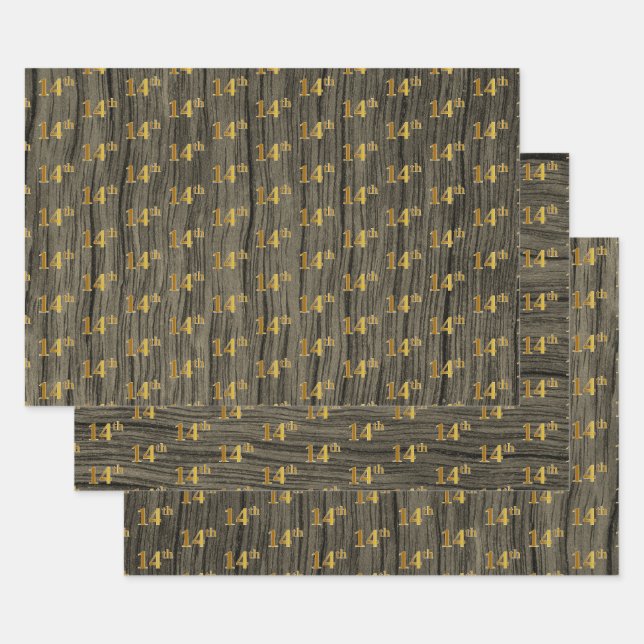 Feuille De Papier Cadeau Grain Rustique Faux Wood, Elégant Faux Gold "14e" (Lot)