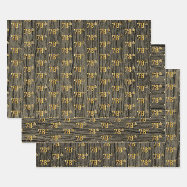 Feuille De Papier Cadeau Grain Rustique Faux Wood, Elégant Faux Gold "78e" (Lot)
