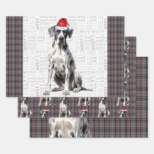 Feuille De Papier Cadeau Grand Danse Chien de Noël Rouge Gris Plaid (Lot)