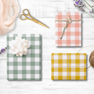 Feuille De Papier Cadeau Grand motif Gingham en vert sauge, pêche, jaune