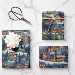 Feuille De Papier Cadeau Grande aquarelle de Noël Cabines d'hiver