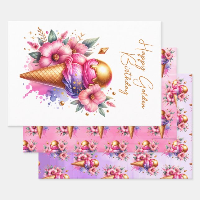 Feuille De Papier Cadeau Grande Crème de glace rose et or Anniversaire doré (Lot)