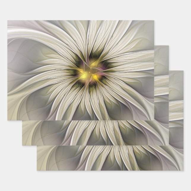 Feuille De Papier Cadeau Grande Fleur d'ivoire, Abstrait Art Fractal Modern (Lot)