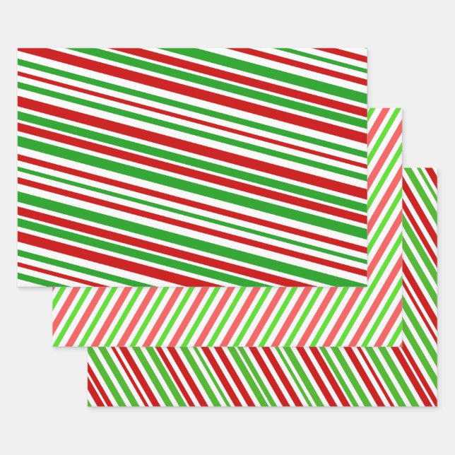 Feuille De Papier Cadeau Grandes bandes rouges, blanches et vertes à thème  (Lot)