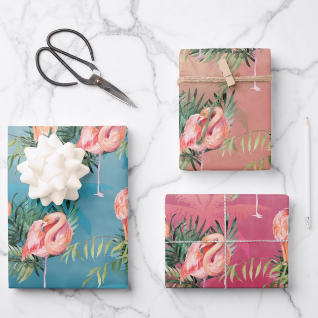 Feuille De Papier Cadeau Grands Flamants roses Rose Dans Le Paradis Tropica (Recto)