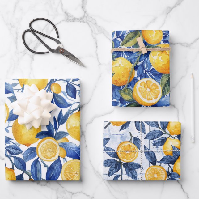 Feuille De Papier Cadeau Gras Bleu Italien Positano Lemon (Recto)