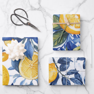 Feuille De Papier Cadeau Gras Bleu Italien Positano Lemon