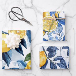 Feuille De Papier Cadeau Gras Bleu Italien Positano Lemon