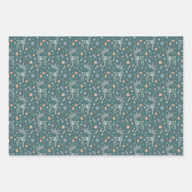 Feuille De Papier Cadeau Green background with deer, gift packaging (Devant)