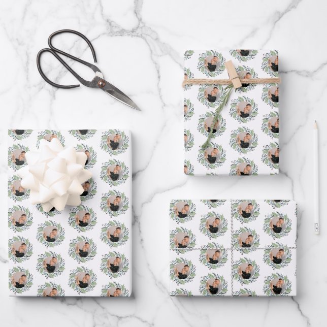Feuille De Papier Cadeau Green Christmas Werath Family Photo Holiday (Recto)
