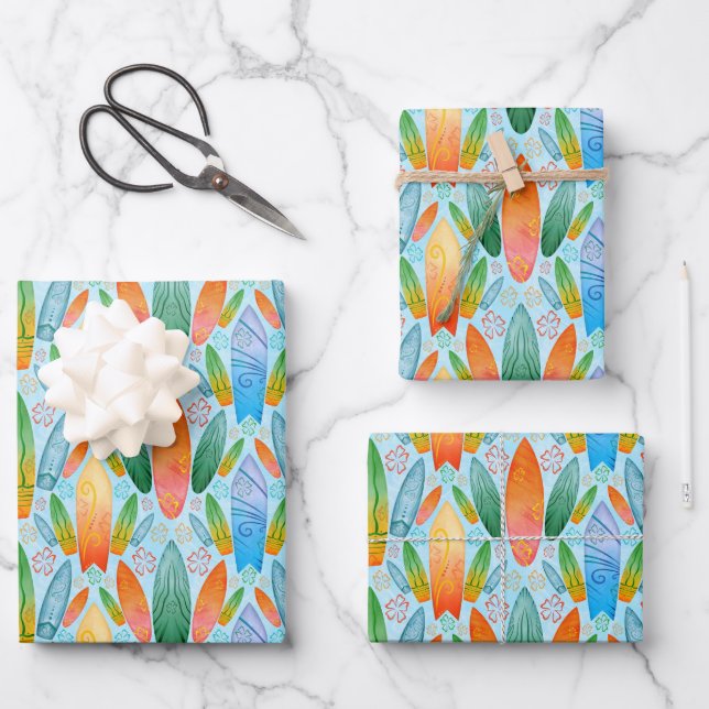 Feuille De Papier Cadeau Green Orange & Blue Summer Surfboards (Recto)