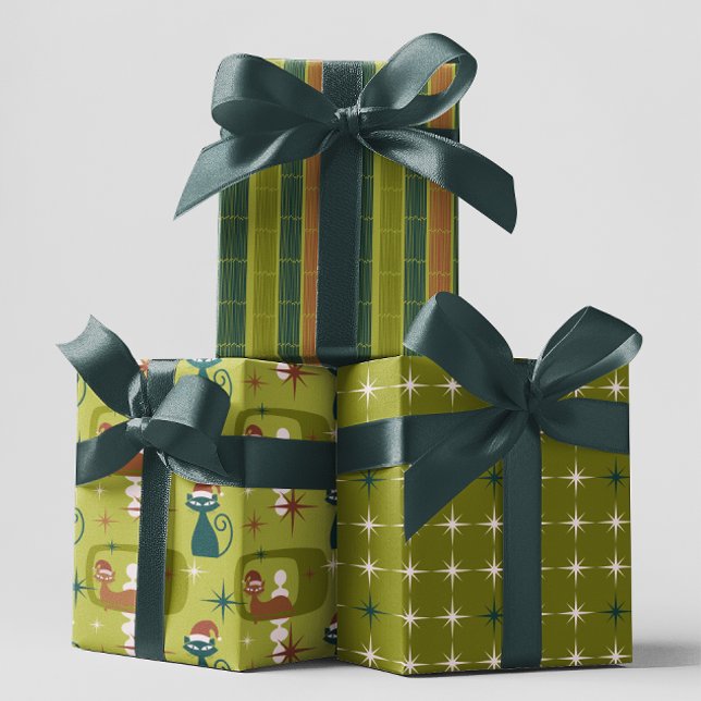 Feuille De Papier Cadeau Green Retro Mid Century Modern Cat Noël (Créateur téléchargé)