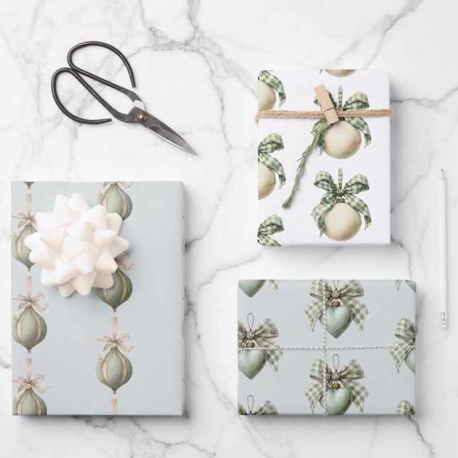 Feuille De Papier Cadeau Green Round & Heart Ornaments Christmas (Recto)