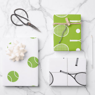 Feuille De Papier Cadeau Green & White Tennis Theme Raquettes Balls Motif