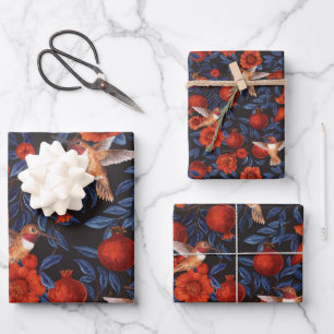 Feuille De Papier Cadeau Grenade et colibris/feuilles bleus sur noir