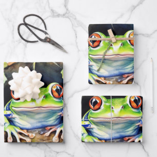 Feuille De Papier Cadeau Grenouille assise sur un coussin d'aquarelle