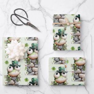 Feuille De Papier Cadeau Grenouille avec chapeau vert et motif mignon trèfl